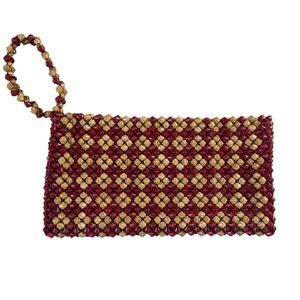 Vintage Wooden Beaded Clutch Wristlet Purse Tan Red 60s 70s